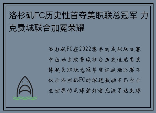洛杉矶FC历史性首夺美职联总冠军 力克费城联合加冕荣耀