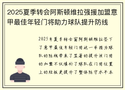 2025夏季转会阿斯顿维拉强援加盟意甲最佳年轻门将助力球队提升防线